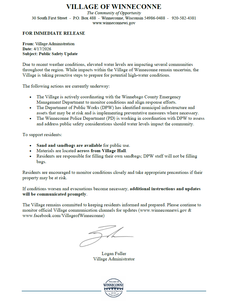 Letter from the Village Administrator regarding emergency preparedness